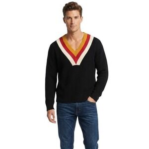 Anama | Black V-Neck Striped Knit Sweater Retro Colorblock Pullover | Size M